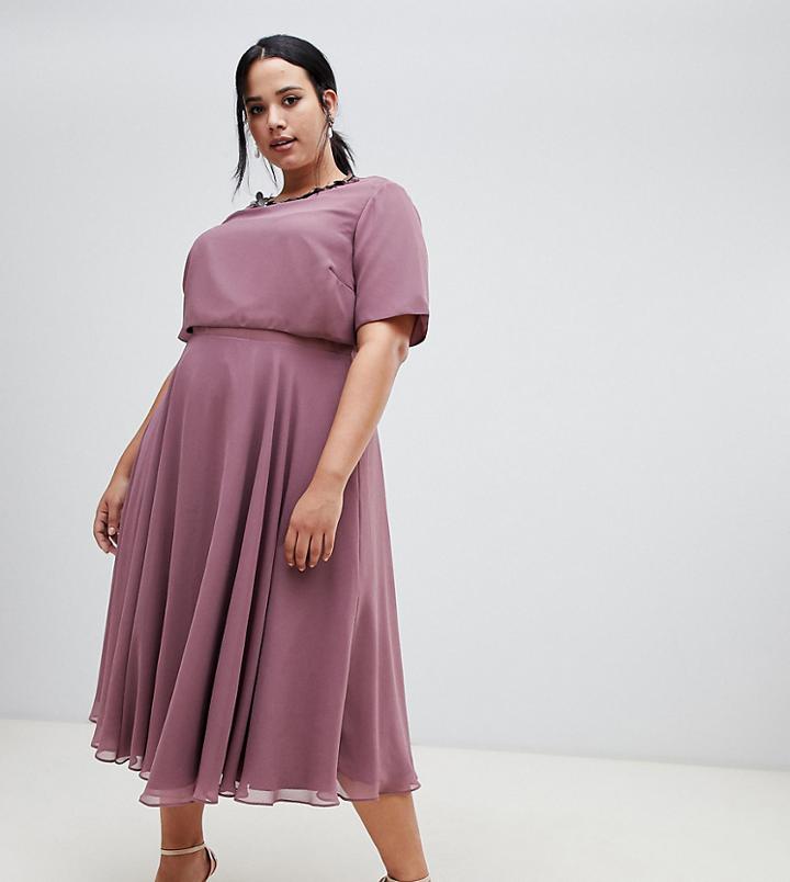 Asos Design Curve Midi Dress With 3d Embellished Neckline - Purple