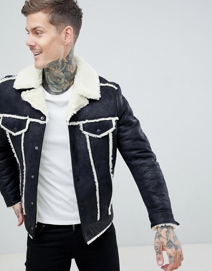 Asos Design Western Faux Shearling Jacket In Black - Black