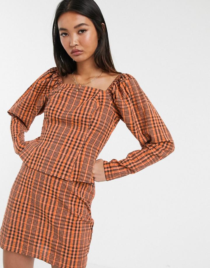 Asos Design Long Sleeve Top With Puff Shoulder In Gingham Check Print Two-piece