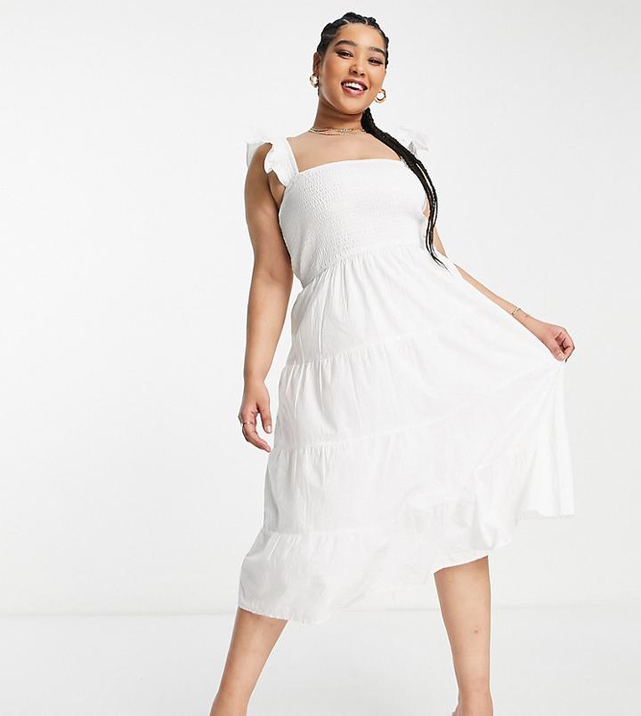 In The Style Plus X Jac Jossa Shirred Bust Frill Sleeve Tiered Midi Dress In White