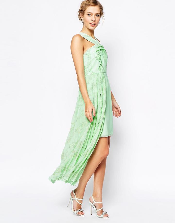 Vlabel London Forest High Neck Dress With Stepped Hem - Mint Seafoam Print