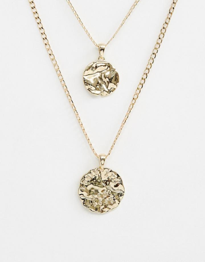 Asos Design Multirow Necklace With Vintage Style Worn Coin Pendants In Gold - Gold