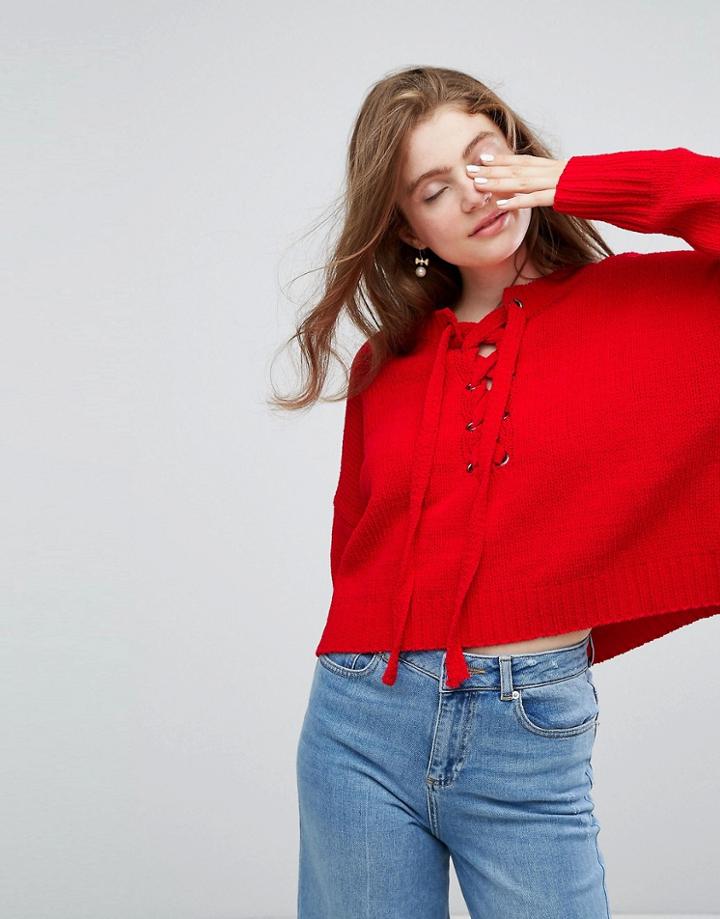 Willow And Paige Cropped Sweater With Tie Front Detail - Red