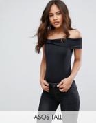 Asos Tall Off Shoulder Top In Rib With Deep Fold & Notch Detail - Black