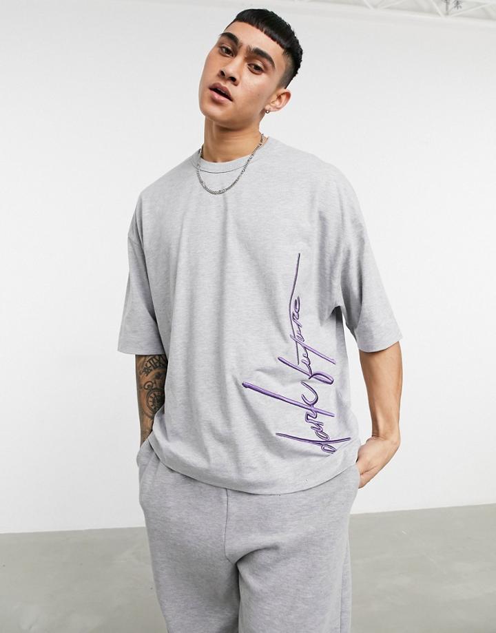 Asos Dark Future Oversized T-shirt Set Wtih Logo Embroidery In Gray-grey