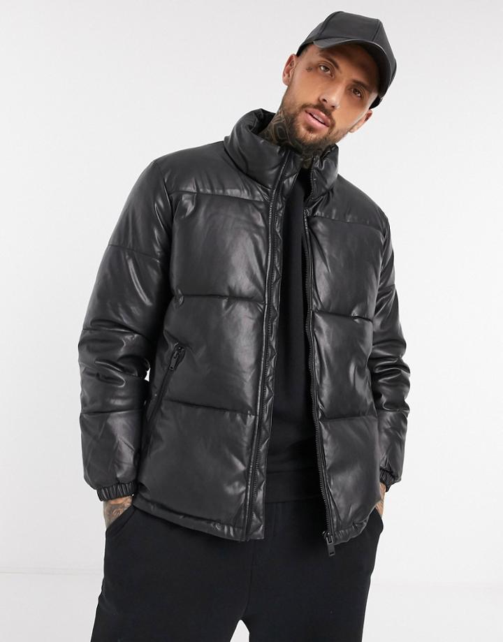 Bershka Padded Pu Puffer Jacket In Black