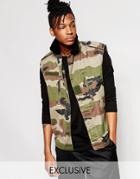 Reclaimed Vintage Sleevless Camo Jacket With Fleece Collar - Khaki