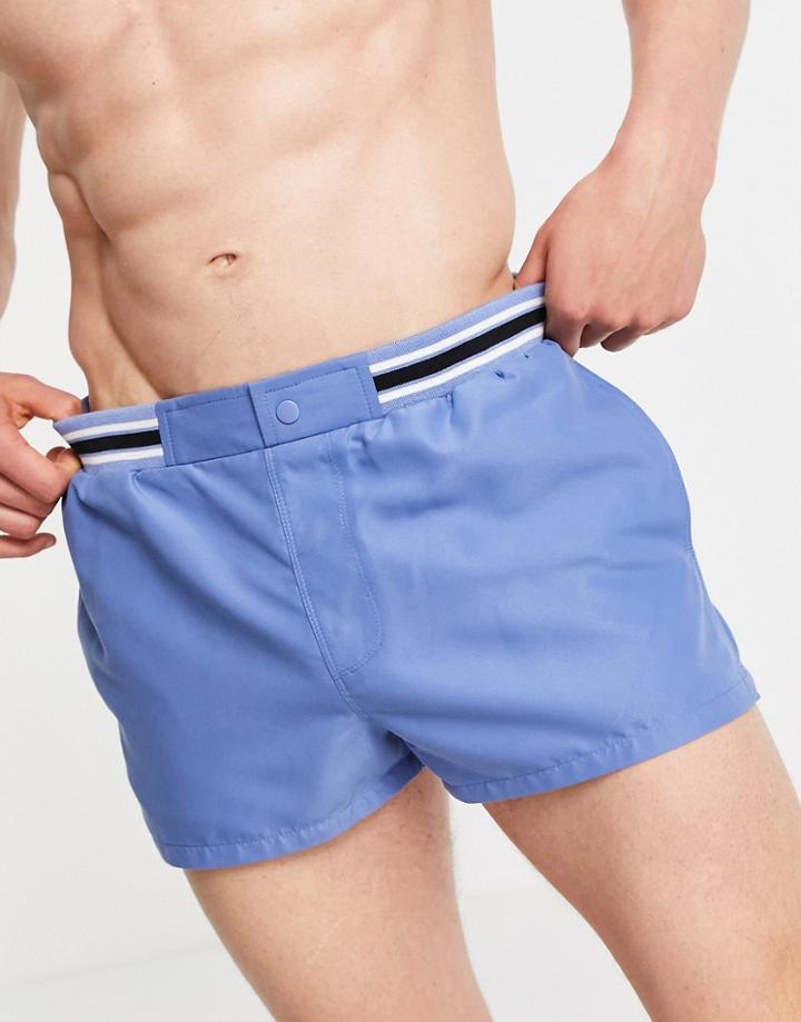 Asos Design Swim Shorts With Smart Styling And Contrast Rib In Pastel Blue Super Short Length-blues