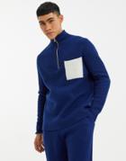 Asos Design Knitted Co-ord Boiled Wool Half-zip Sweater In Navy With Patch Pocket