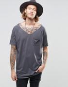 Asos Longline T-shirt With Raglan Sleeves And Drape Pocket - Dark Slate