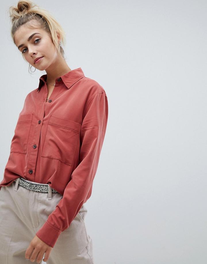 Bershka Contrast Stitch Shirt - Red