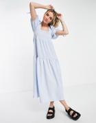 Asos Design Shirred Square Neck Pin Tuck Midi Dress In Blue Gingham-multi