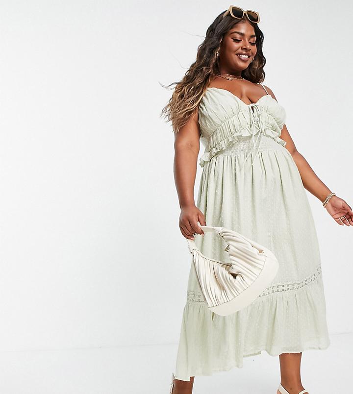 Asos Design Curve Textured Midi Sundress With Shirred Waist And Lace In Sage Green