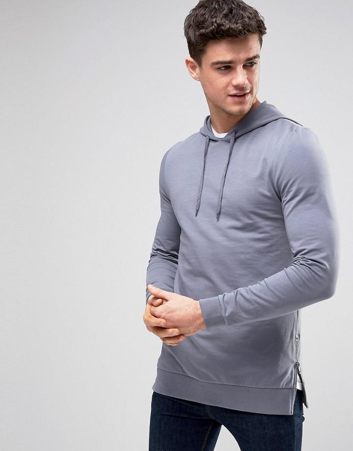 Asos Muscle Hoodie With Side Zips In Blue - Blue