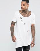 Asos Super Longline T-shirt With Asymmetric Hem In Rib With Distressing - Off White