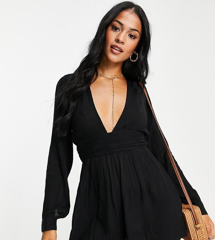 Asos Design Tall Long Sleeve Plunge Beach Romper In Black