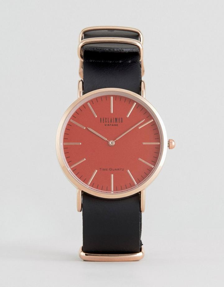 Reclaimed Vintage Leather Watch With Pink Dial - Black