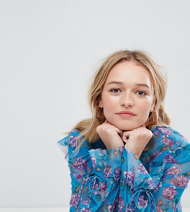 Monki Blue Floral Ruffle Blouse - Blue