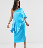 Asos Design Tall Satin One Shoulder Midi Dress With Double Layer - Blue