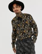 Asos Edition Stretch Slim Shirt In Cherub Print With Pussy Bow - Black