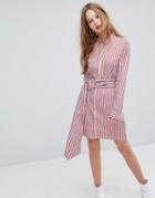 Plain Studios Shirt Dress With Metal Ring Belt Wrap In Stripe - Red