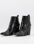 Qupid Heeled Western Ankle Boots In Black Croc