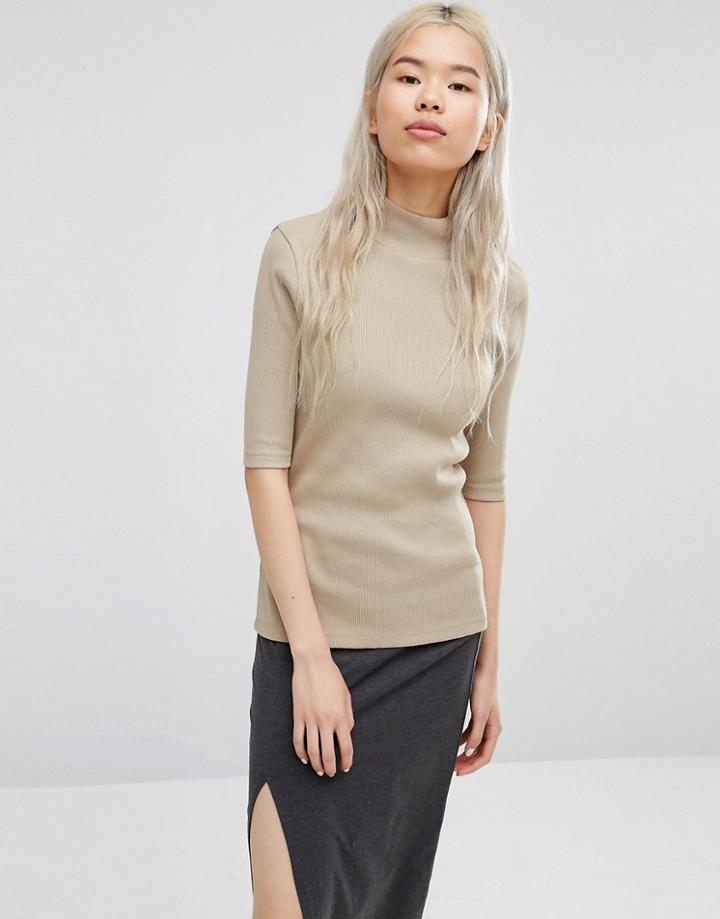 Adpt Ribbed High Neck Top - Beige