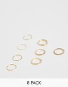 Asos Design Pack Of 8 Rings In Textured And Twist Design In Gold Tone - Gold