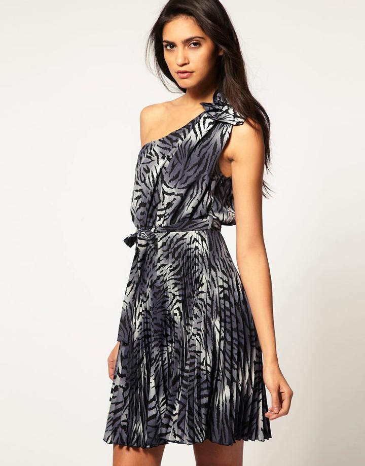 Liquorish Animal One Shoulder Dress - Gray