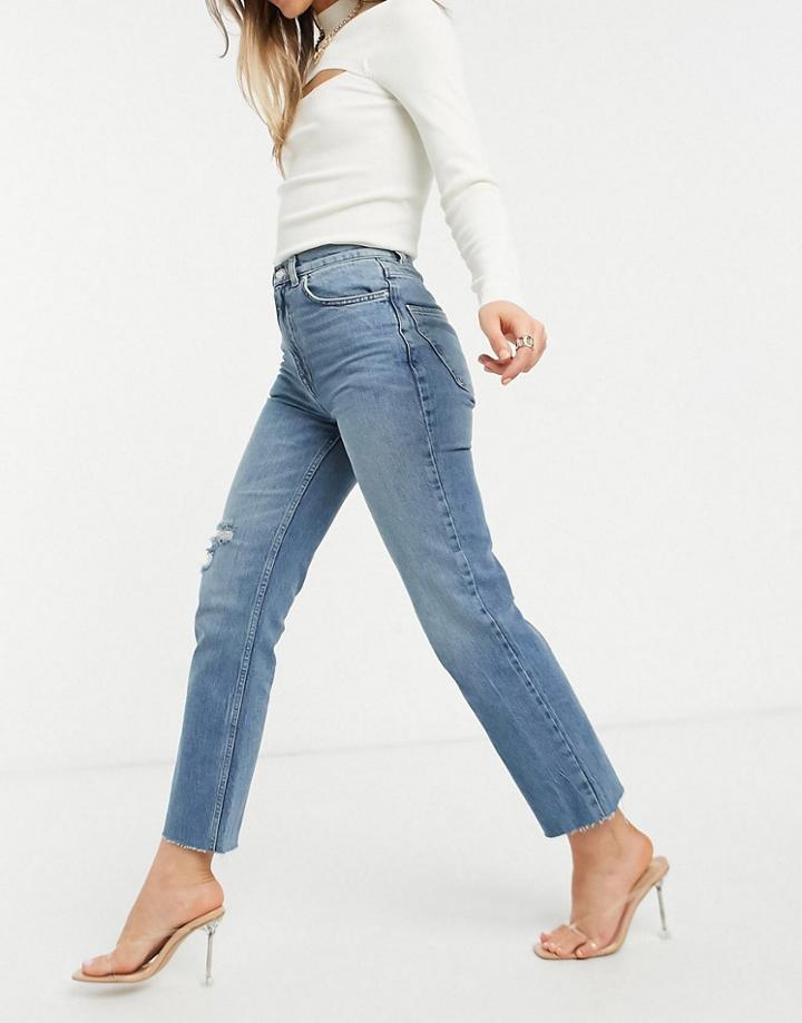 Asos Design High Rise Stretch 'effortless' Crop Kick Flare Jeans In Midwash With Thigh Rip-blues