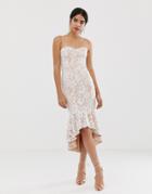 Jarlo All Over Lace Cami Strap Lace Midi Dress In White - White