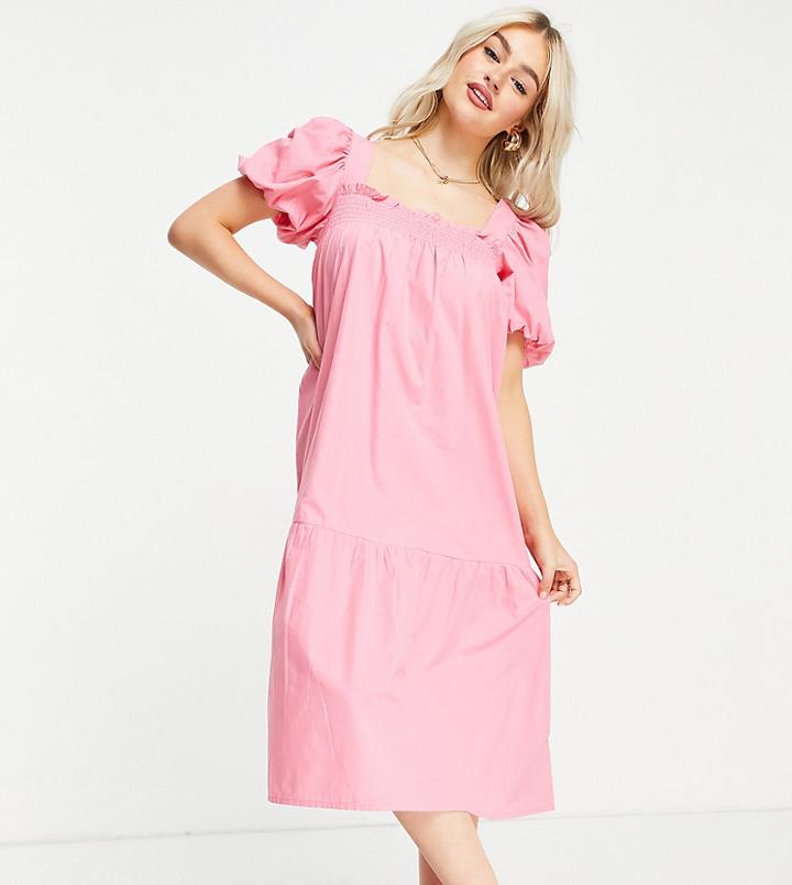 Influence Petite Puff Sleeve Cotton Poplin Midi Dress In Bright Pink