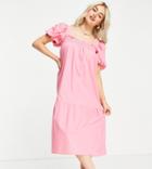 Influence Petite Puff Sleeve Cotton Poplin Midi Dress In Bright Pink