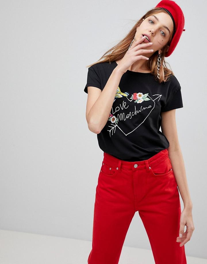 Love Moschino Birds And The Bees Print T-shirt - Black