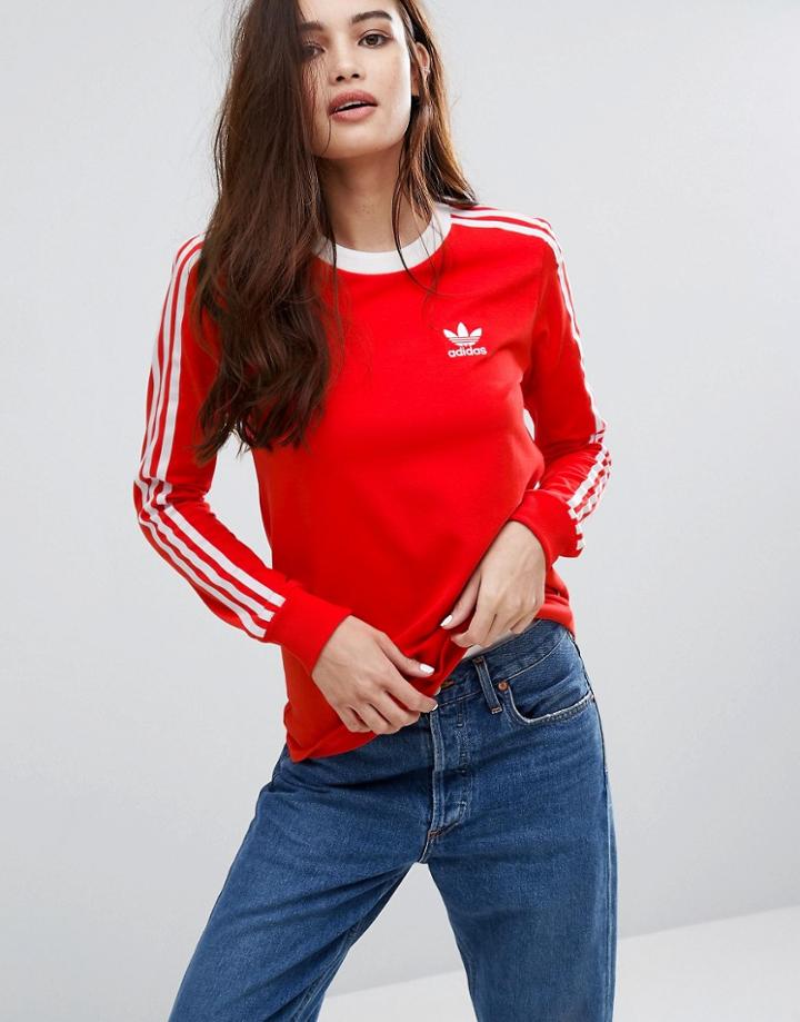 Adidas Originals Red Three Stripe Long Sleeve T-shirt - Red