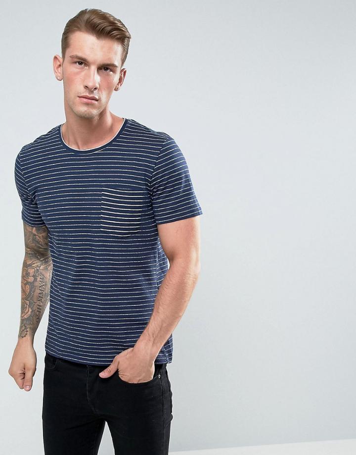 Casual Friday T-shirt In Textured Stripe With Reverse Pocket - Navy