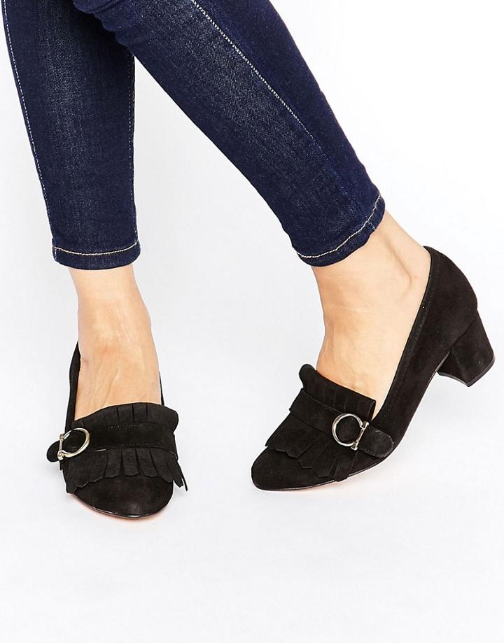 Park Lane Suede Fringe Kitten Heel Loafer - Black