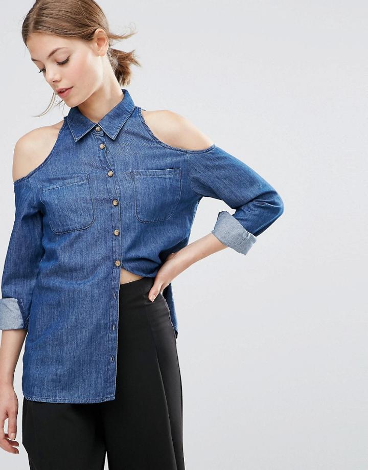 Asos Denim Cold Shoulder Shirt In Dark Wash Blue - Blue