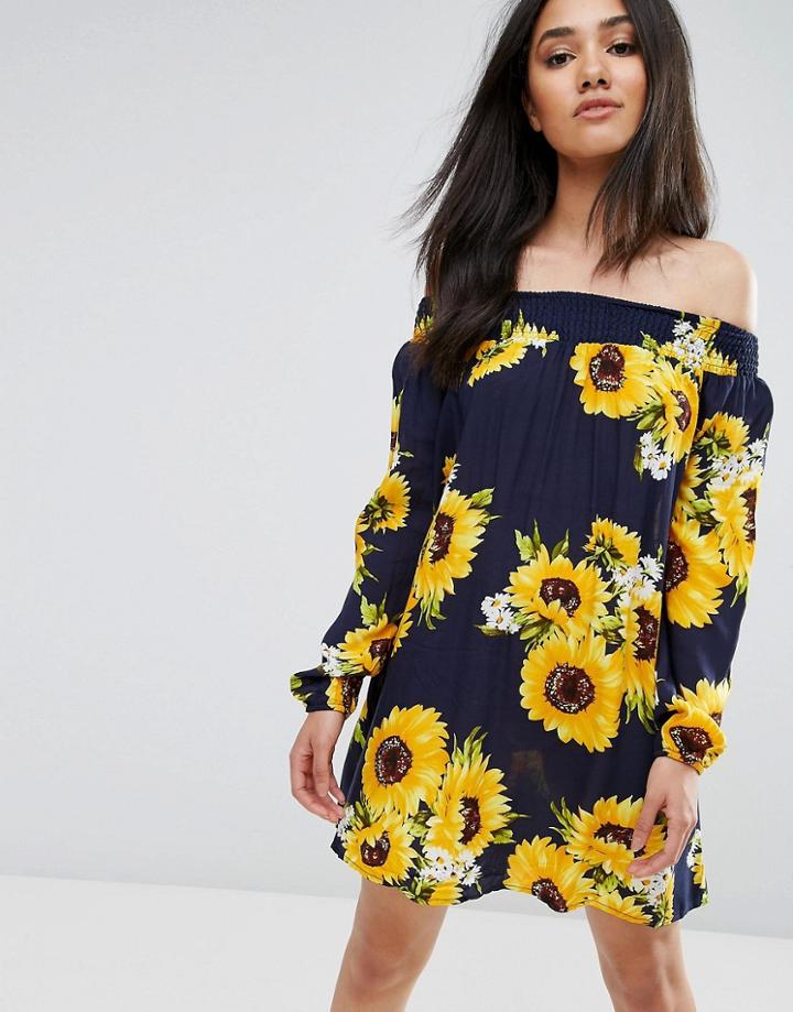 Ax Paris Navy Off The Shoulder Sunflower Floral Dress - Navy