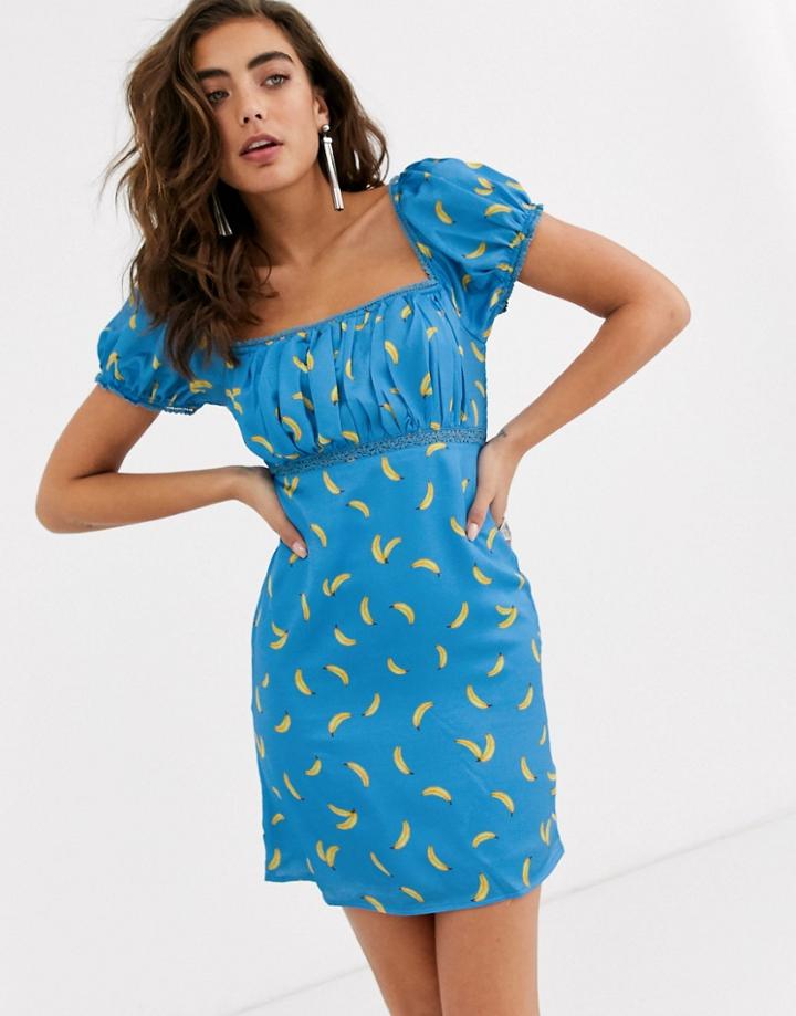 Skylar Rose Square Neck Tea Dress With Ruched Bodice In Satin Print-blue