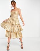Little Mistress Belted Tiered Midi Dress In Gold Glitter