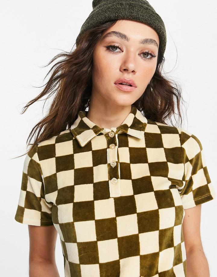 Topshop Checkerboard Towelling Polo Tee In Multi