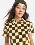 Topshop Checkerboard Towelling Polo Tee In Multi