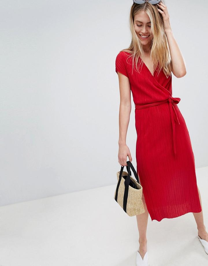 Bershka Plisse Wrap Dress - Red