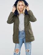 Brave Soul Blue Faux Fur Trim Parka - Green