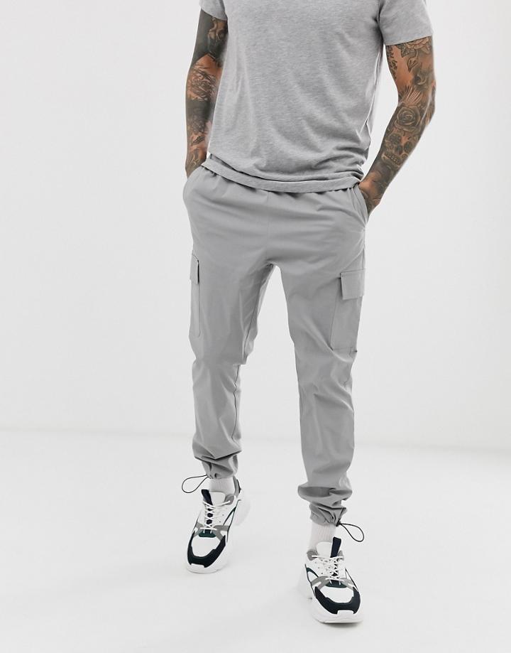 Asos Design Tapered Cargo Pants In Gray Nylon