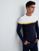Asos Design Muscle Longline Long Sleeve T-shirt With Contrast Panels In Navy - Navy