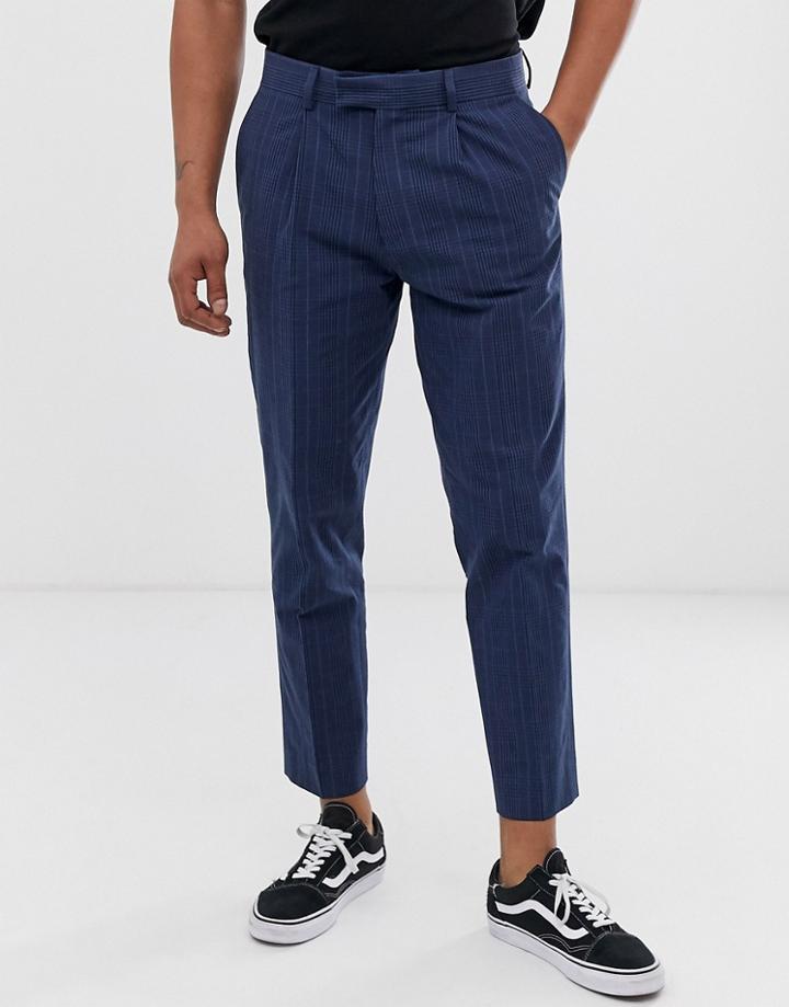 Asos Design Slim Crop Smart Pants In Blue Seersucker Check - Navy