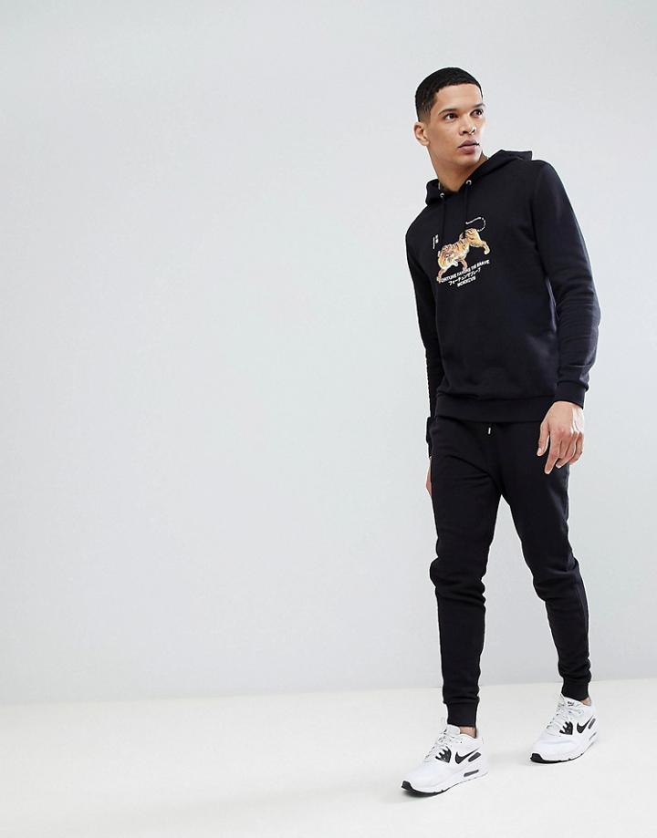 Asos Tracksuit Hoodie/skinny Joggers With Tiger Print In Black - Black