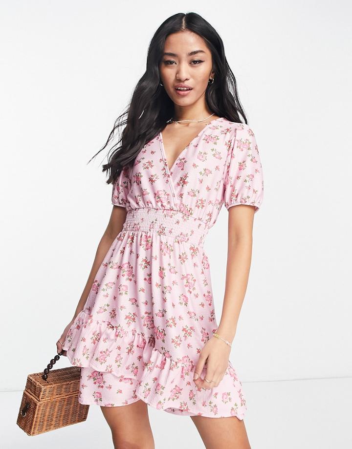 Miss Selfridge Shirred Waist Fit And Flare Mini Dress In Pink Stamp Ditsy
